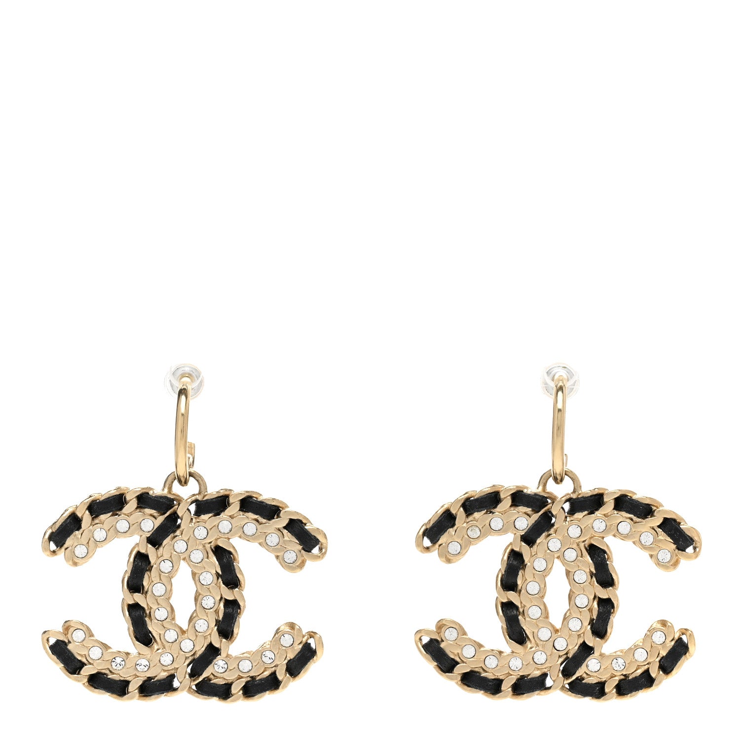 Chanel Crystal Lambskin Chain CC Vintage Allure Stud Earrings Black Gold 1 of 5