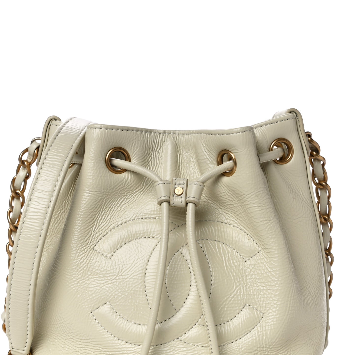 Shiny Aged Calfskin CC Chain Mini Drawstring Bag White