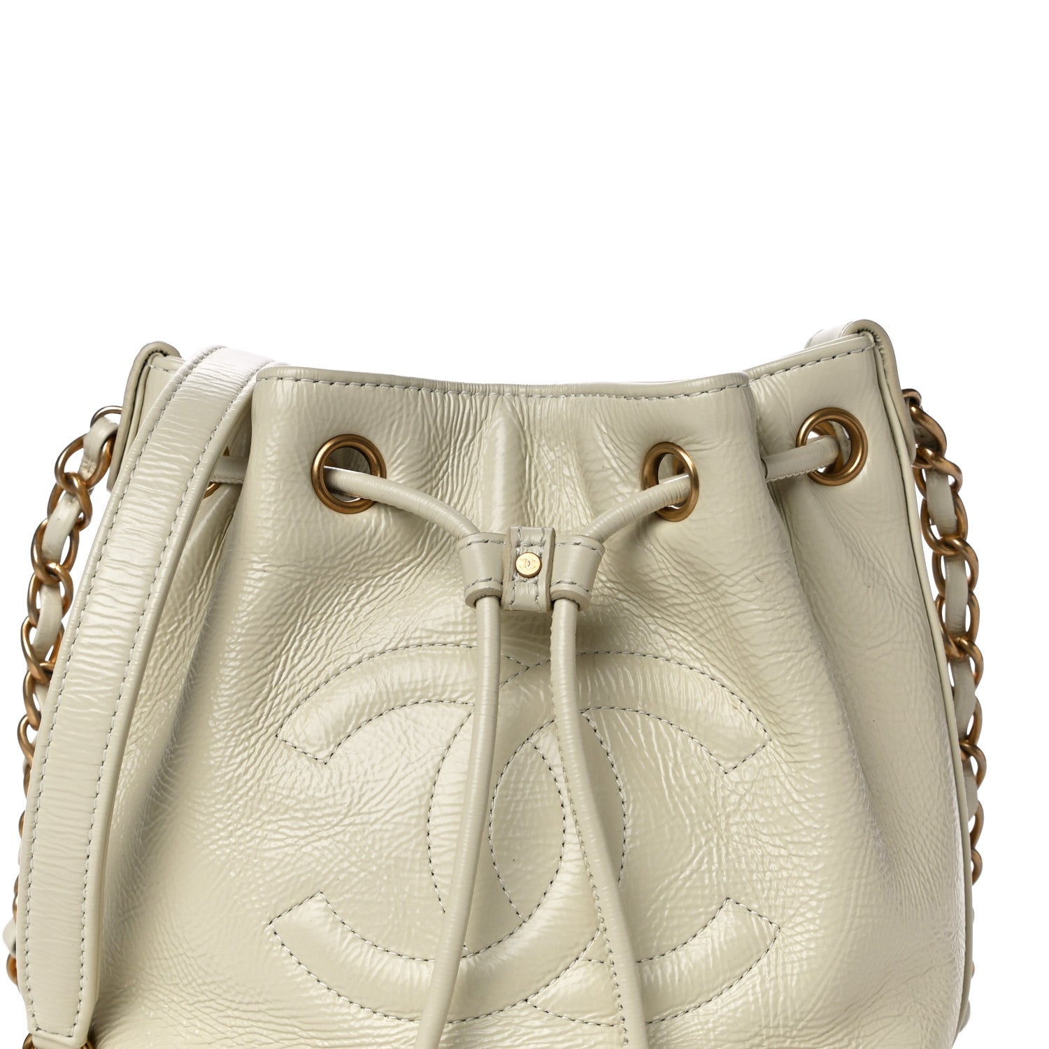 Chanel Shiny Aged Calfskin CC Chain Mini Drawstring Bag White 8 of 13