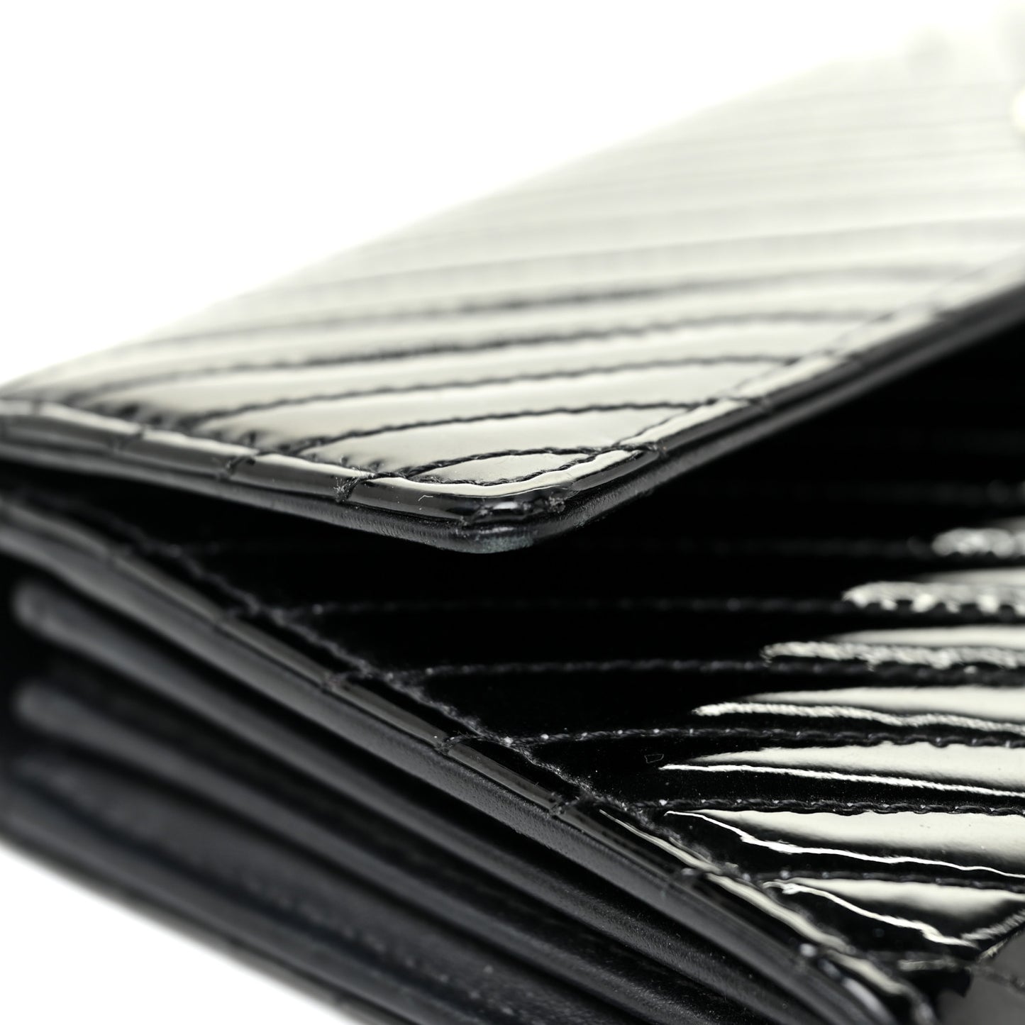 Patent Chevron Quilted Large Gusset Flap Wallet Black