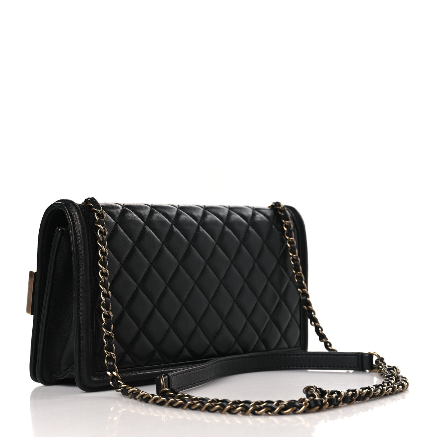 Lambskin Quilted Horizontal Boy Brick Studded Flap Black