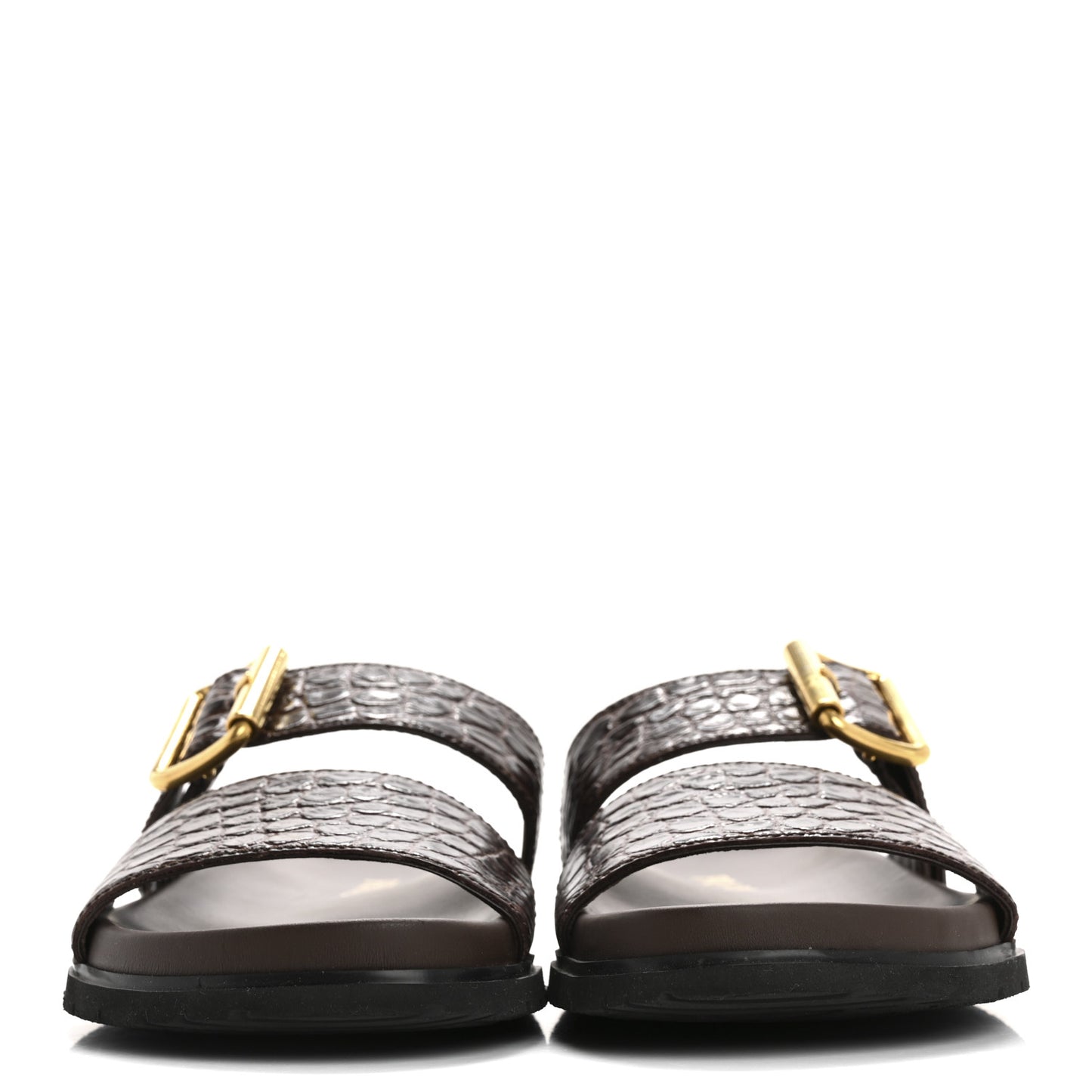 Calfskin Embossed Crocodile Buckle Slide Sandals 36 Cacao