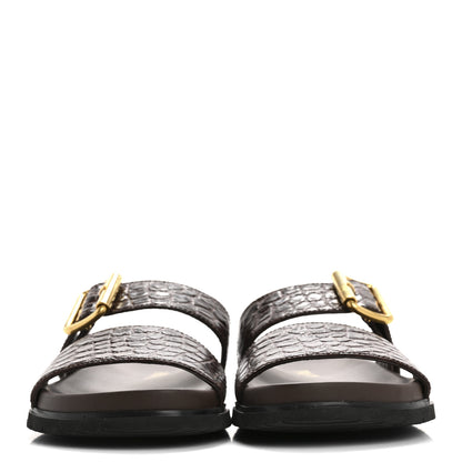 Prada Calfskin Embossed Crocodile Buckle Slide Sandals 36 Cacao 3 of 11