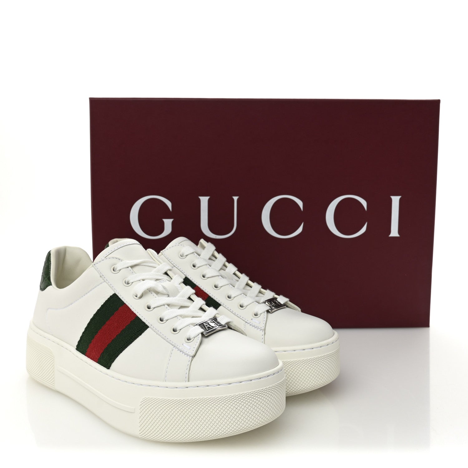 Gucci Ultralight Plume Calfskin Web Womens Ace Platform Sneakers 35.5 White 10 of 10