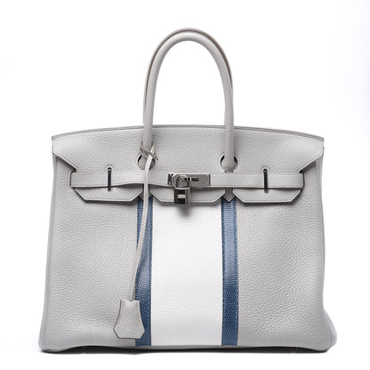 Hermes Taurillon Clemence Lizard Club Birkin 35 Gris Perle White Mykonos 1 of 31