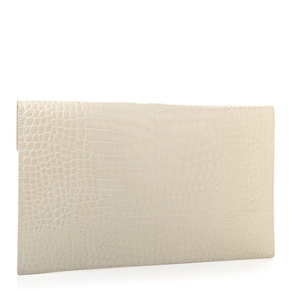 Saint Laurent Calfskin Crocodile Embossed Uptown Monogram Pouch Crema Soft 3 of 8