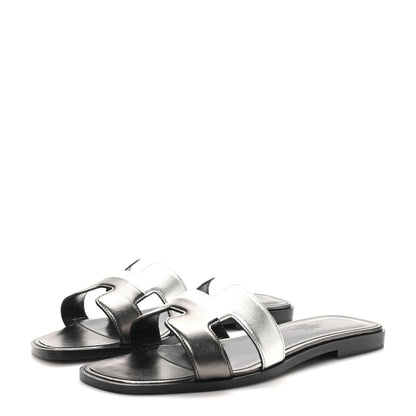 Hermes Metallic Nappa Box Oran Sandals 37 Canon De Fusil Argent 4 of 9