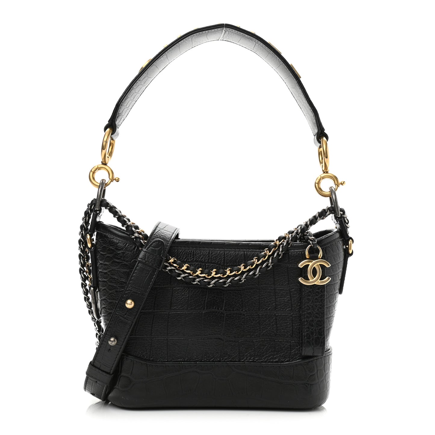 Calfskin Crocodile Embossed Small Gabrielle Cocodile Hobo Black