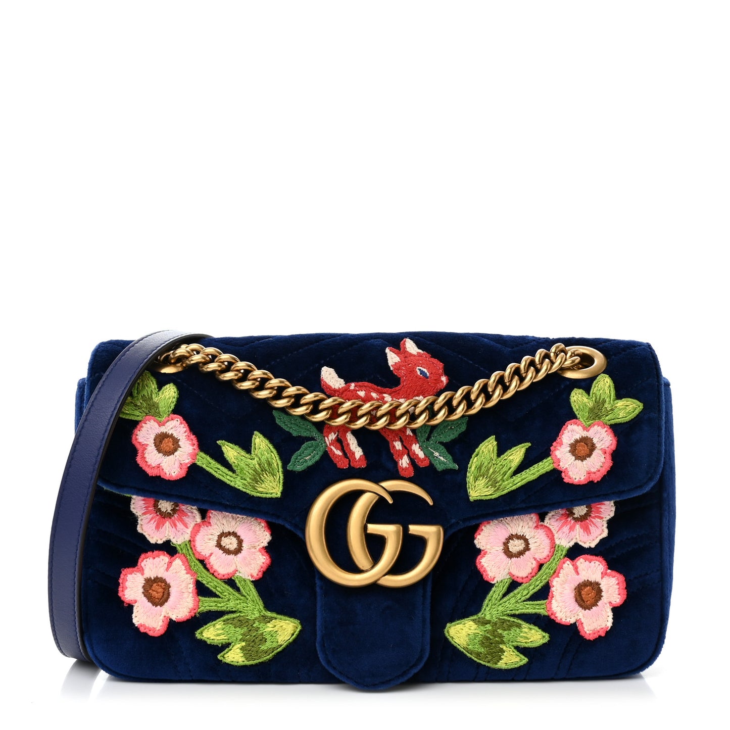 Velvet Matelasse Deer Embroidered Small GG Marmont Shoulder Bag Cobalt