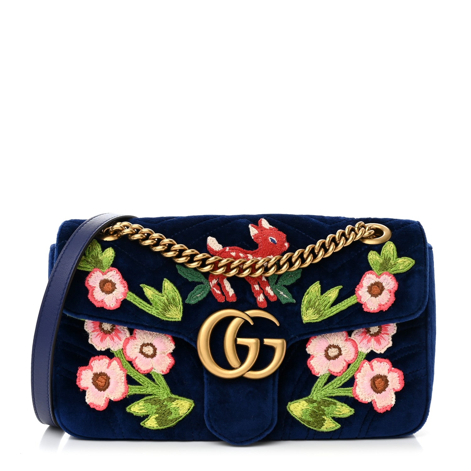 Gucci Velvet Matelasse Deer Embroidered Small GG Marmont Shoulder Bag Cobalt 1 of 10