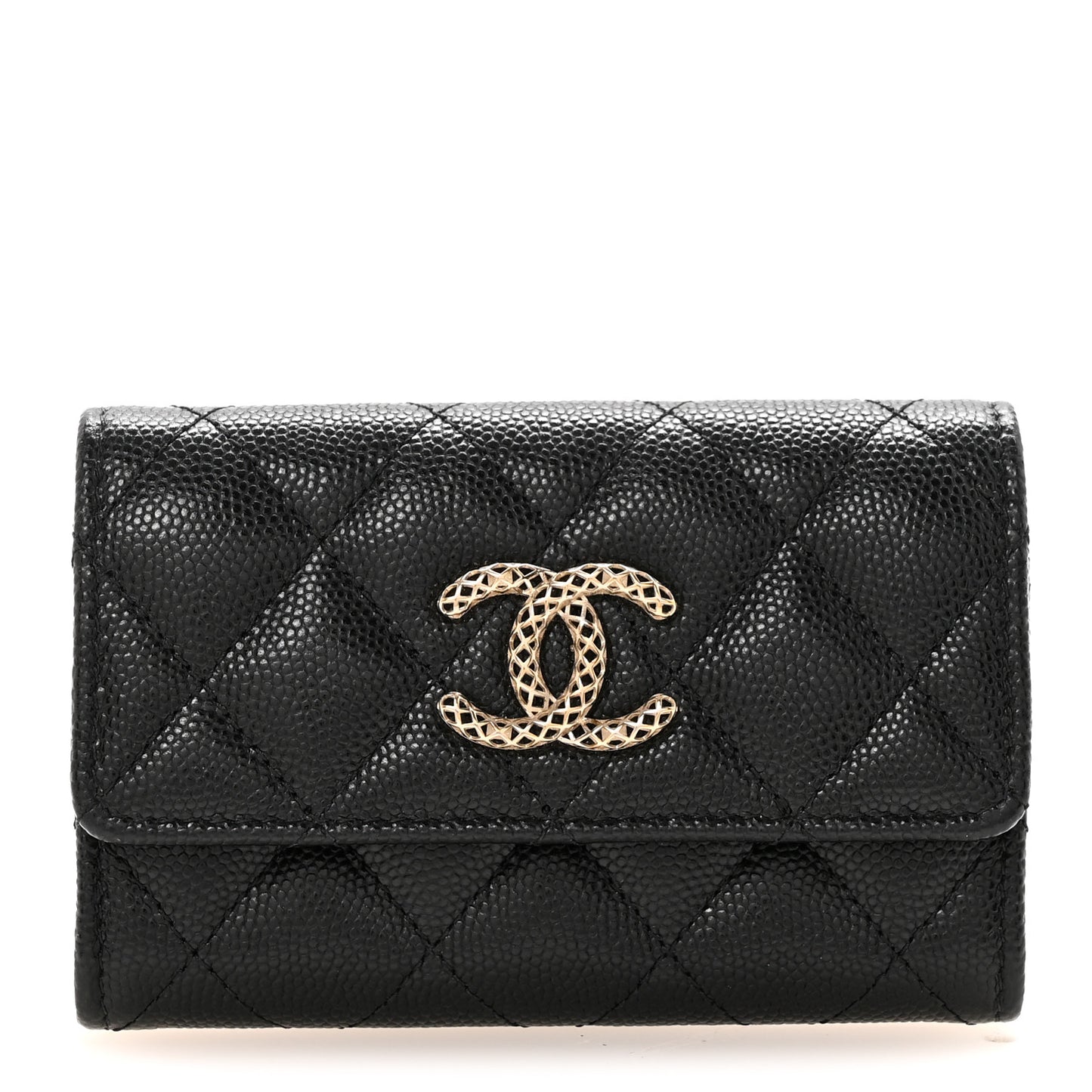 Caviar Metal Perforated Quilted CC Flap Card Holder Black