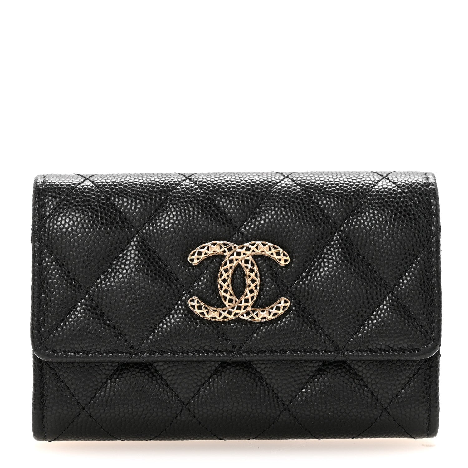 Chanel Caviar Metal Perforated Quilted CC Flap Card Holder Black 1 of 8