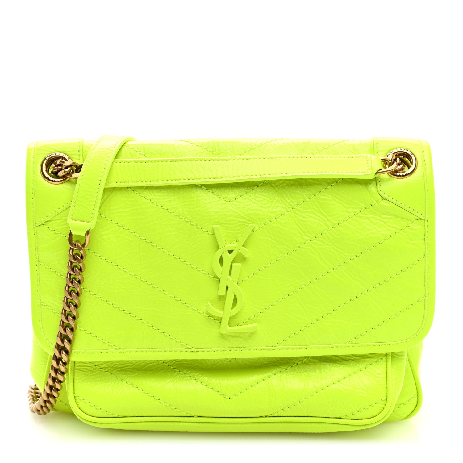 Saint Laurent Crinkled Calfskin Matelasse Monogram Medium Niki Chain Satchel Neon Yellow 1 of 9