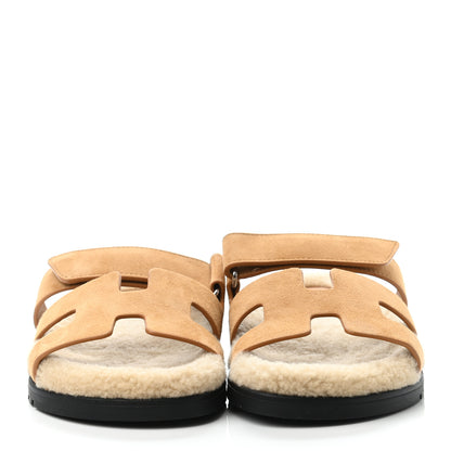 Hermes Suede Goatskin Woolskin Womens Chypre Sandals 38 Golden Beige 2 of 4