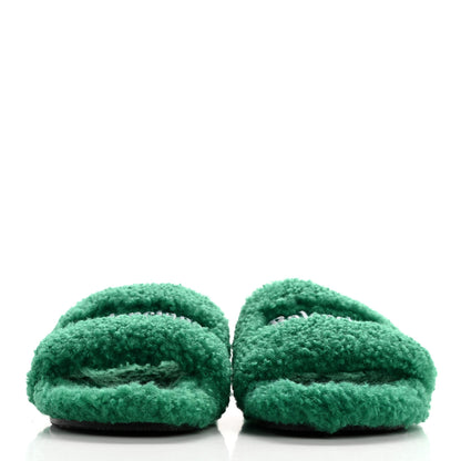 Balenciaga Faux Shearling Political Campaign Logo Slide Sandals 37 Grass Green 2 of 7