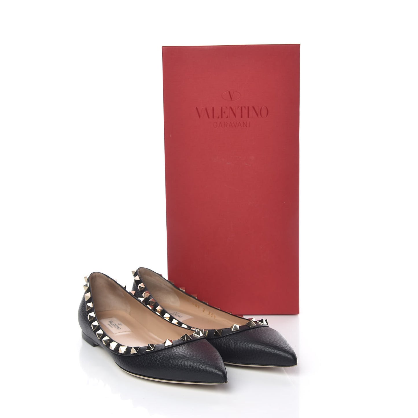 Pebbled Calfskin Rockstud Ballerina Flats 35.5 Black