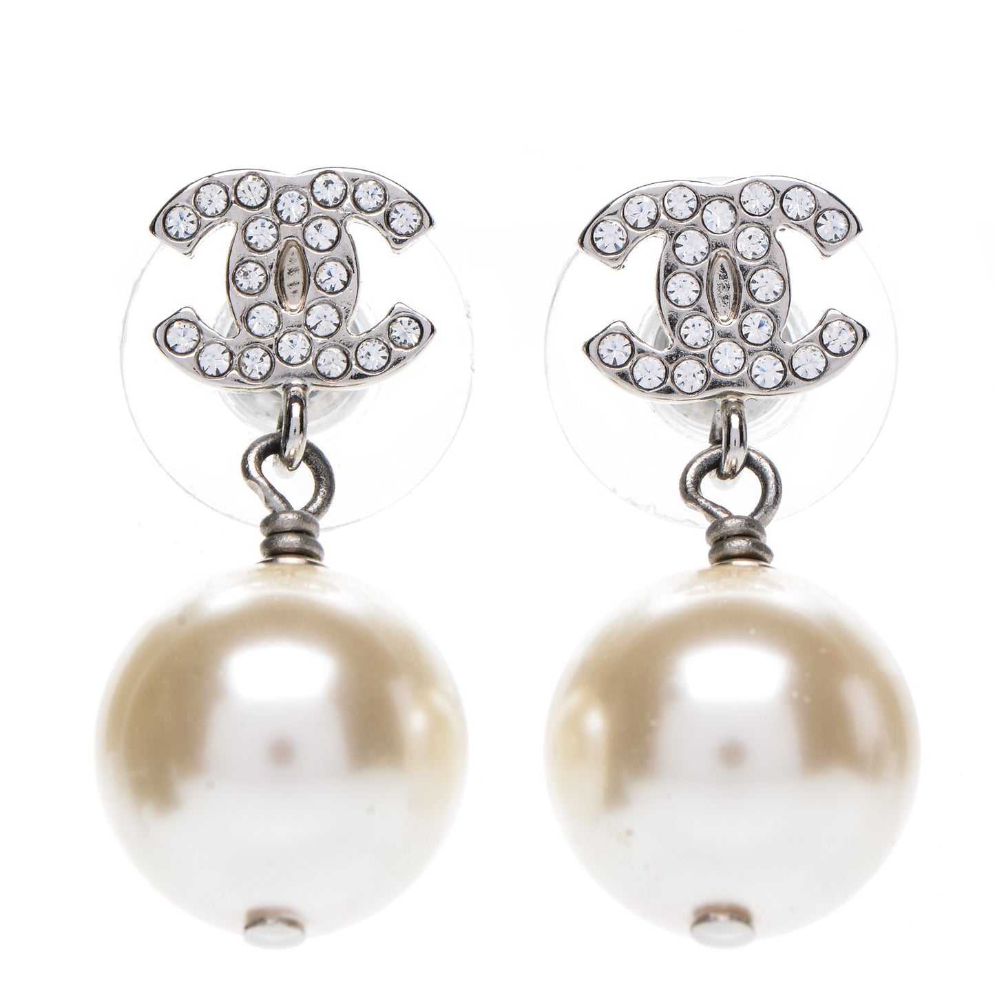Crystal Pearl CC Drop Earrings Silver