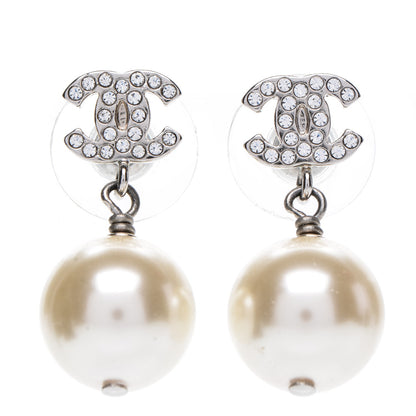 Chanel Crystal Pearl CC Drop Earrings Silver 1 of 4