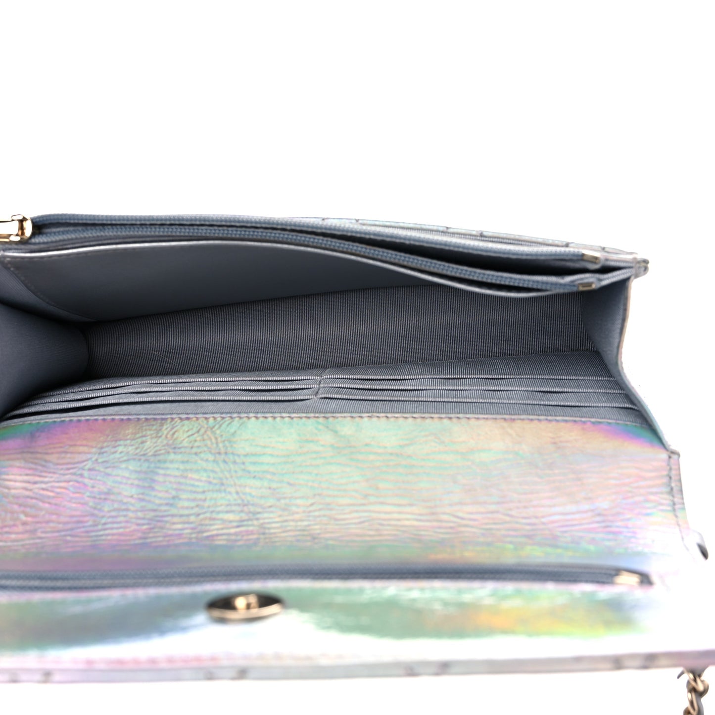 Iridescent Goatskin Quilted Wallet On Chain WOC Silver