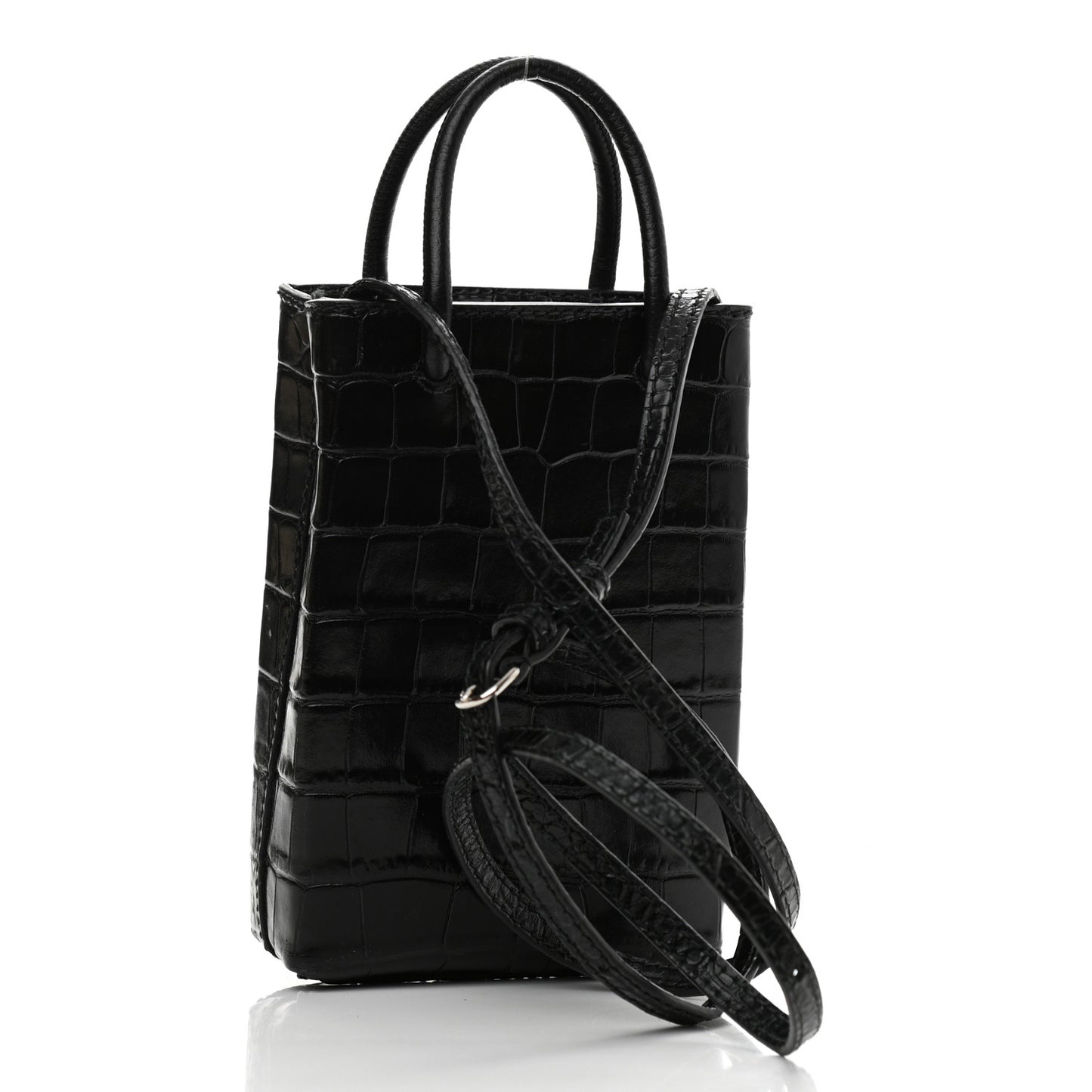 Calfskin Crocodile Embossed Logo Shopping Phone Holder Bag Black