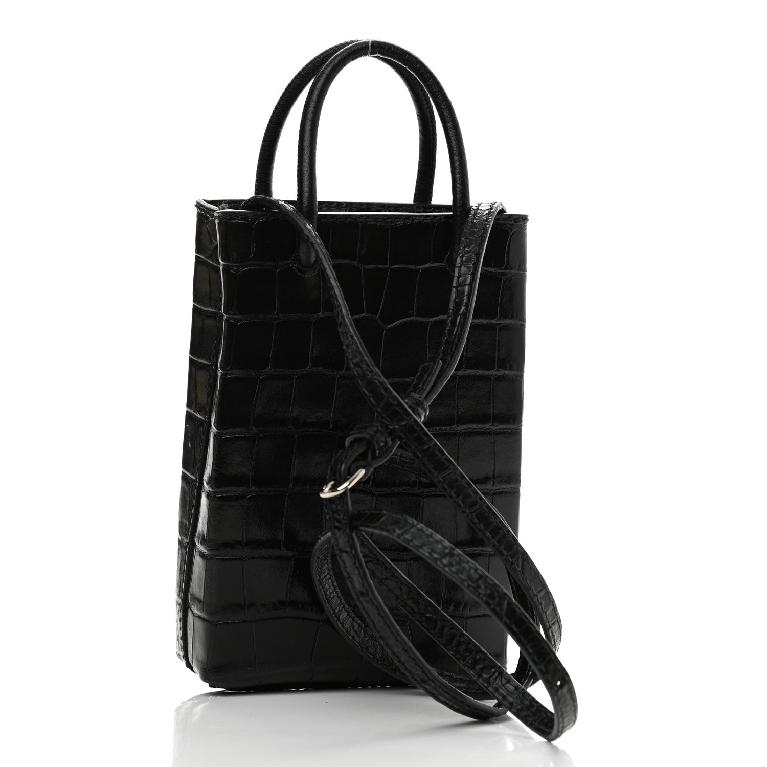 Balenciaga Calfskin Crocodile Embossed Logo Shopping Phone Holder Bag Black 3 of 11