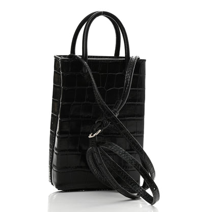 Balenciaga Calfskin Crocodile Embossed Logo Shopping Phone Holder Bag Black 3 of 11