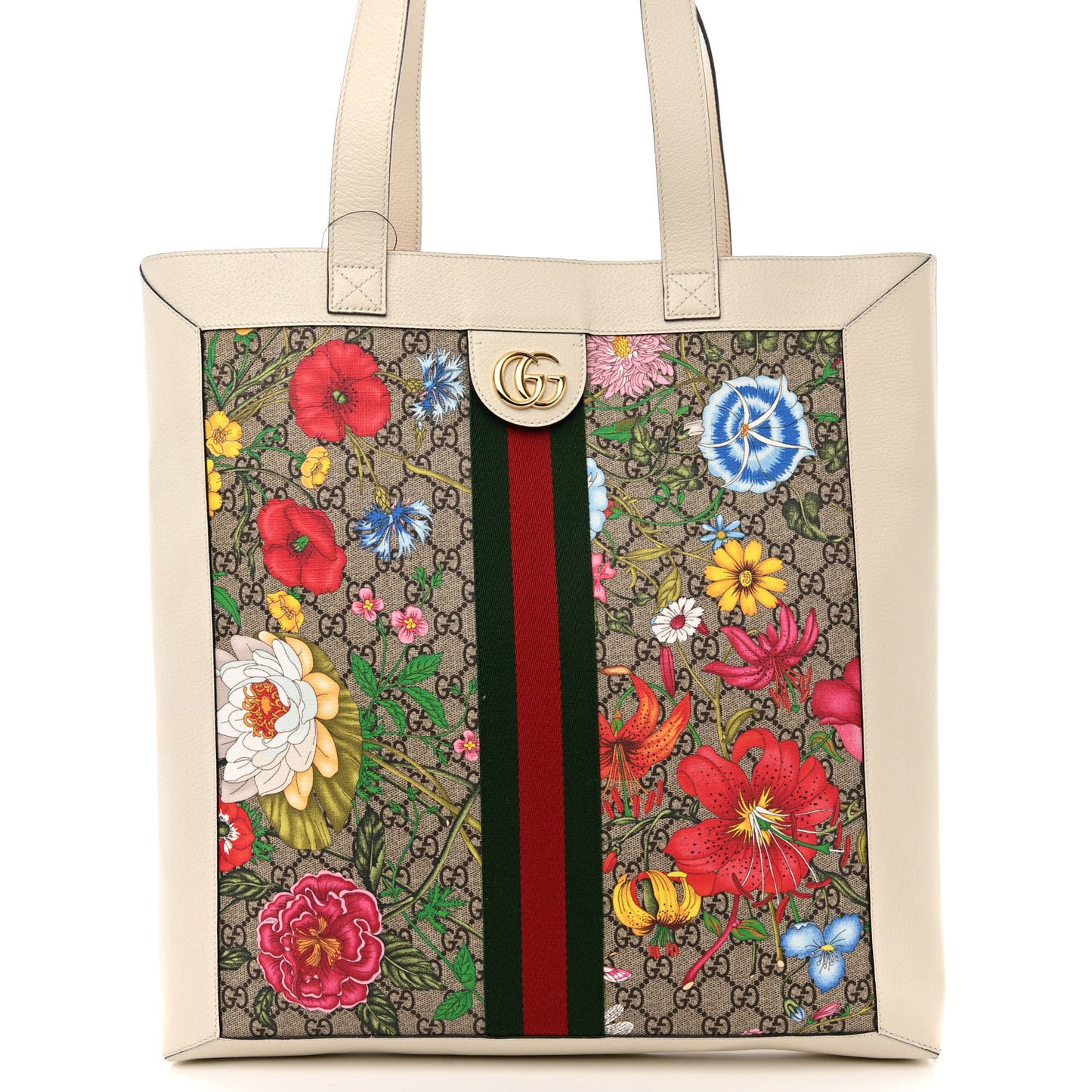 GG Supreme Monogram Flora Web Ophidia Vertical Shopping Tote White