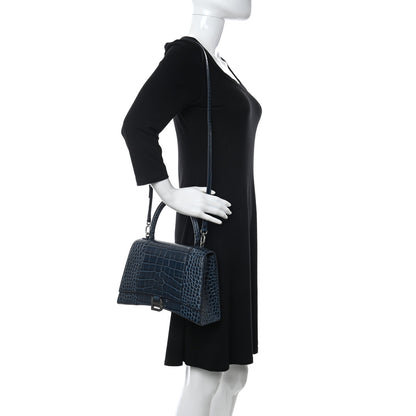 Balenciaga Shiny Calfskin Crocodile Embossed Medium Hourglass Top Handle Bag Denim Blue 2 of 13