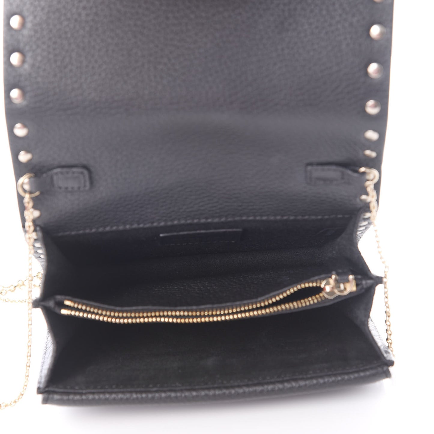 Pebbled Calfskin Rockstud Wallet on Chain Black