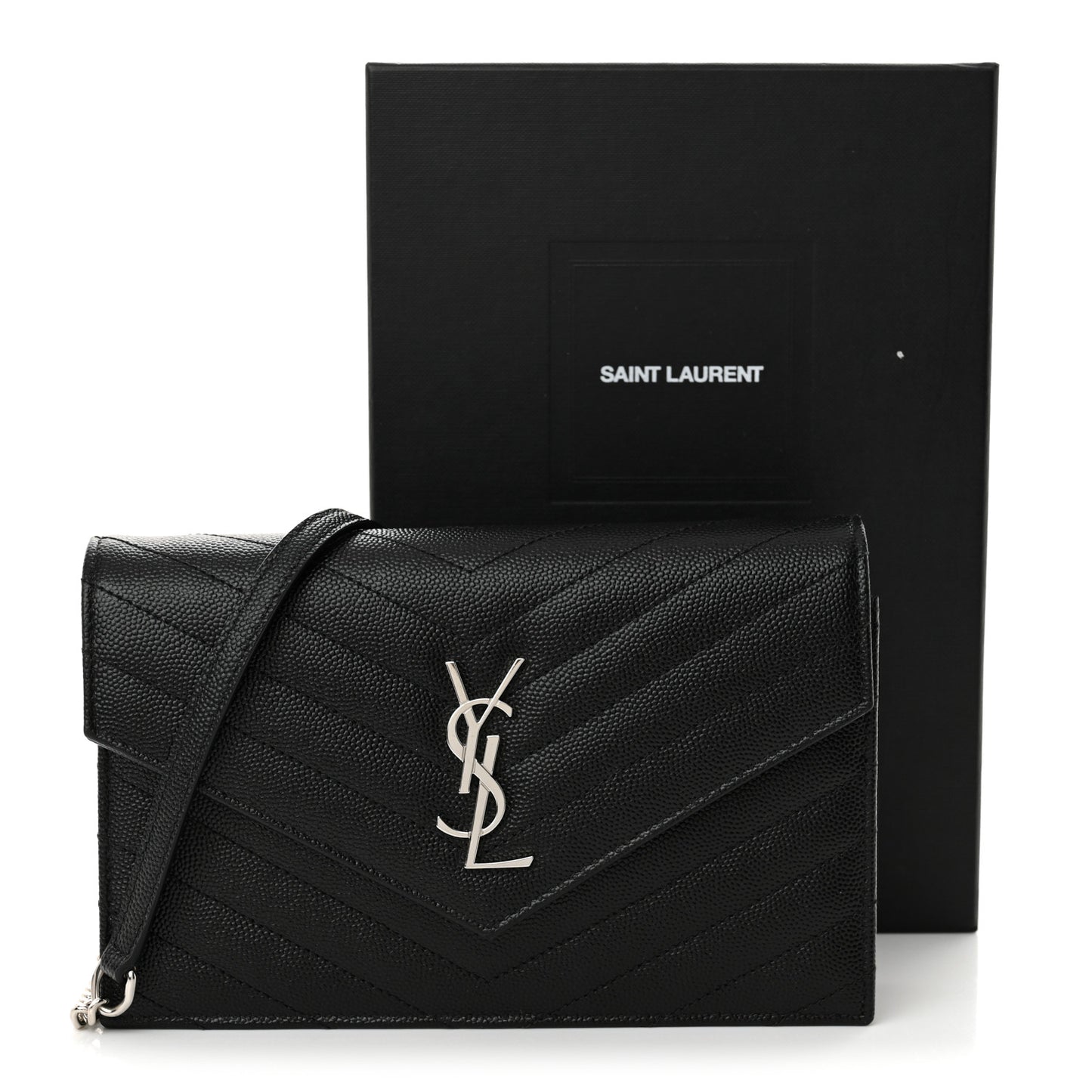 Grain De Poudre Matelasse Chevron Monogram Envelope Chain Wallet Black