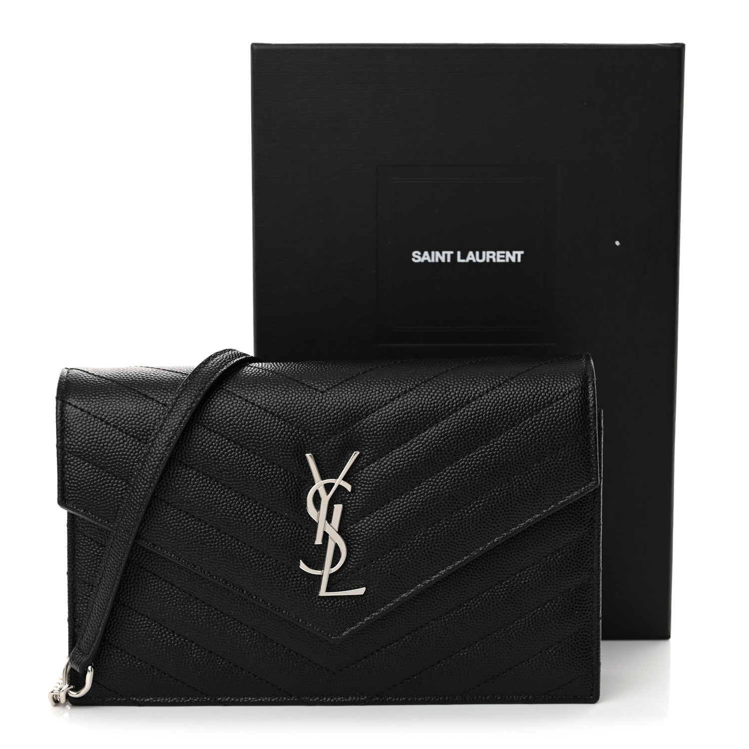Saint Laurent Grain De Poudre Matelasse Chevron Monogram Envelope Chain Wallet Black 11 of 11