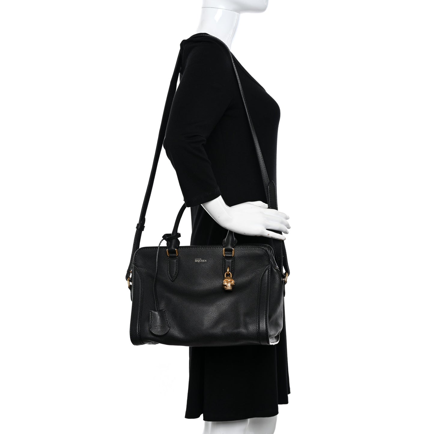 Pebbled Calfskin Small Skull Padlock Zip Around Tote Black