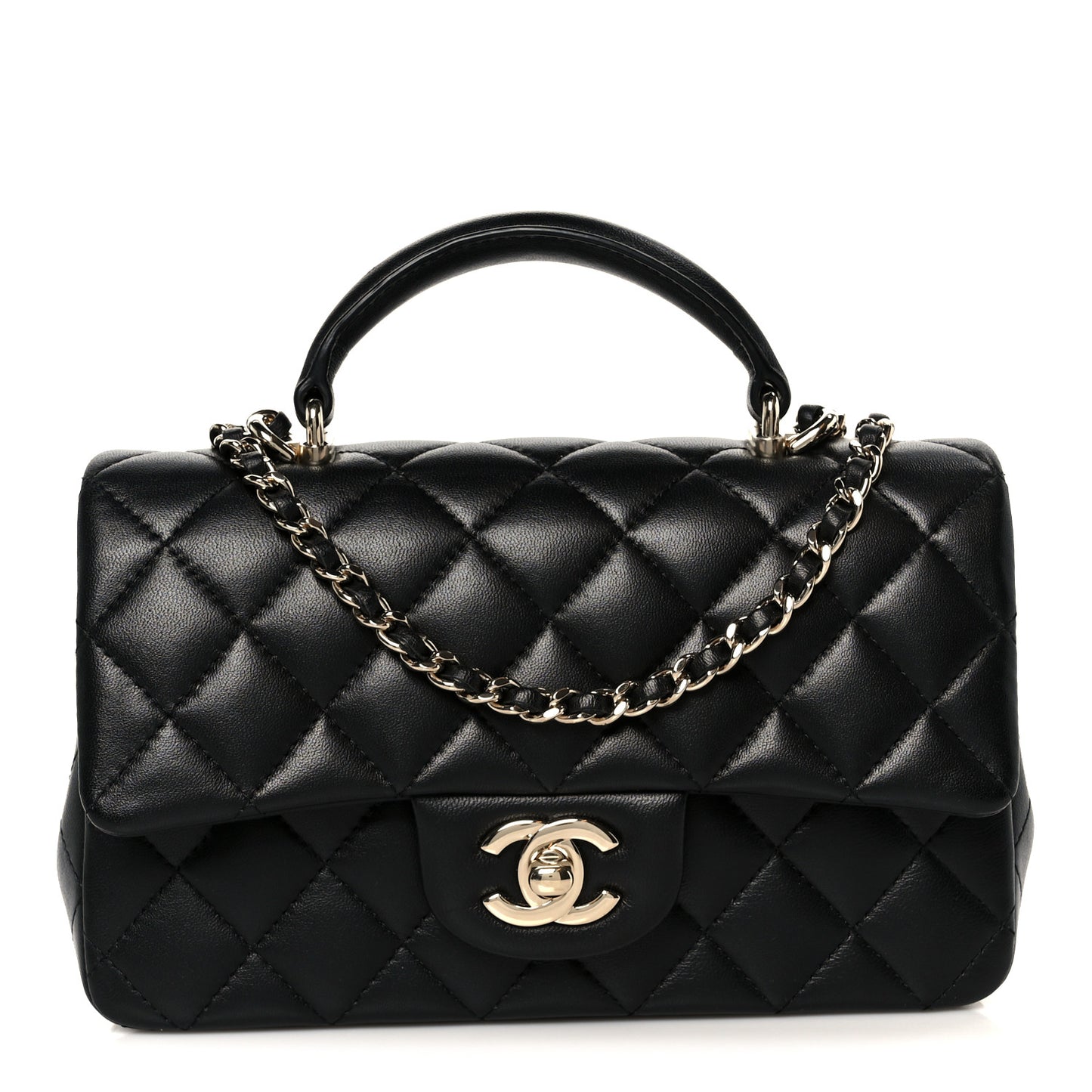 Lambskin Quilted Mini Top Handle Rectangular Flap Black