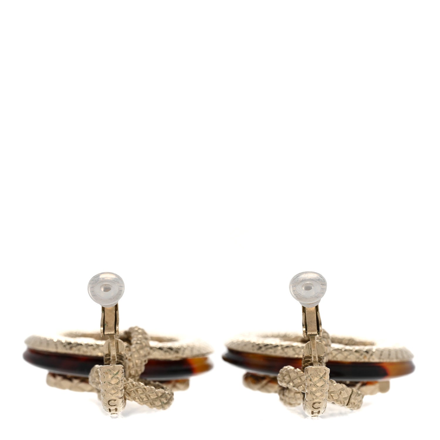 Chanel Resin Logo CC Chain Clip On Earrings Gold Tortoise 3 of 5