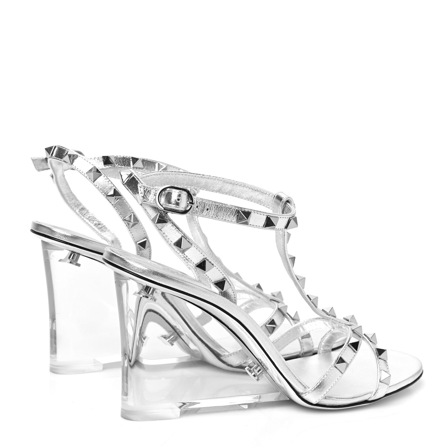 Valentino Garavani Metallic Lambskin Plexiglass Rockstud 90mm Wedge Sandals 40 Silver Transparent 4 of 7