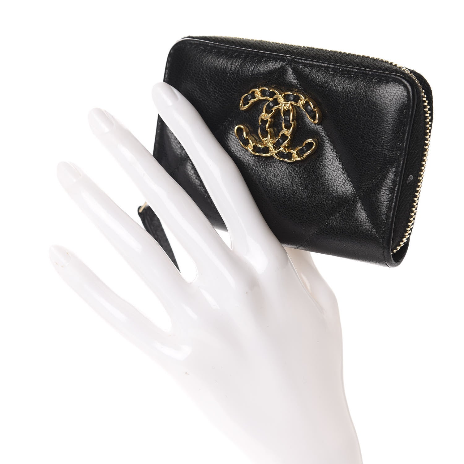 Chanel Shiny Goatskin Quilted Chanel 19 Zip Around Coin Purse Wallet Black 2 of 8