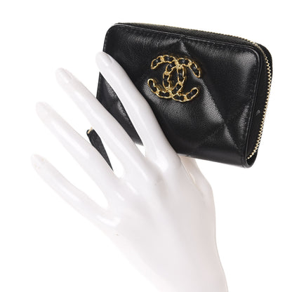 Chanel Shiny Goatskin Quilted Chanel 19 Zip Around Coin Purse Wallet Black 2 of 8