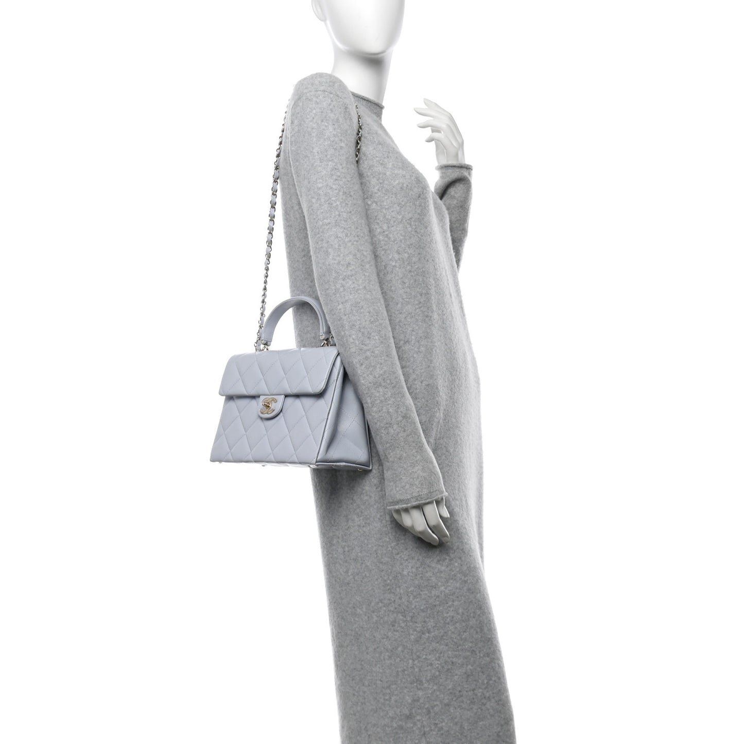 Caviar Quilted Retro Twist Top Handle Flap Light Grey