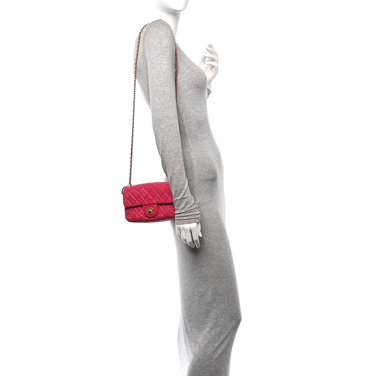 Lambskin Quilted Mini Rectangular Pearl Crush Flap Fuchsia