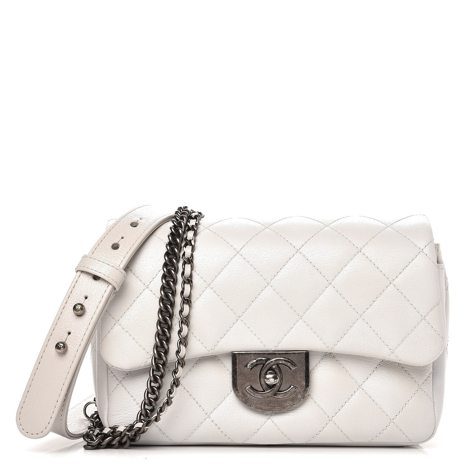 Chanel Shiny Goatskin Quilted Small Double Carry Waist Chain Flap White 1 of 10