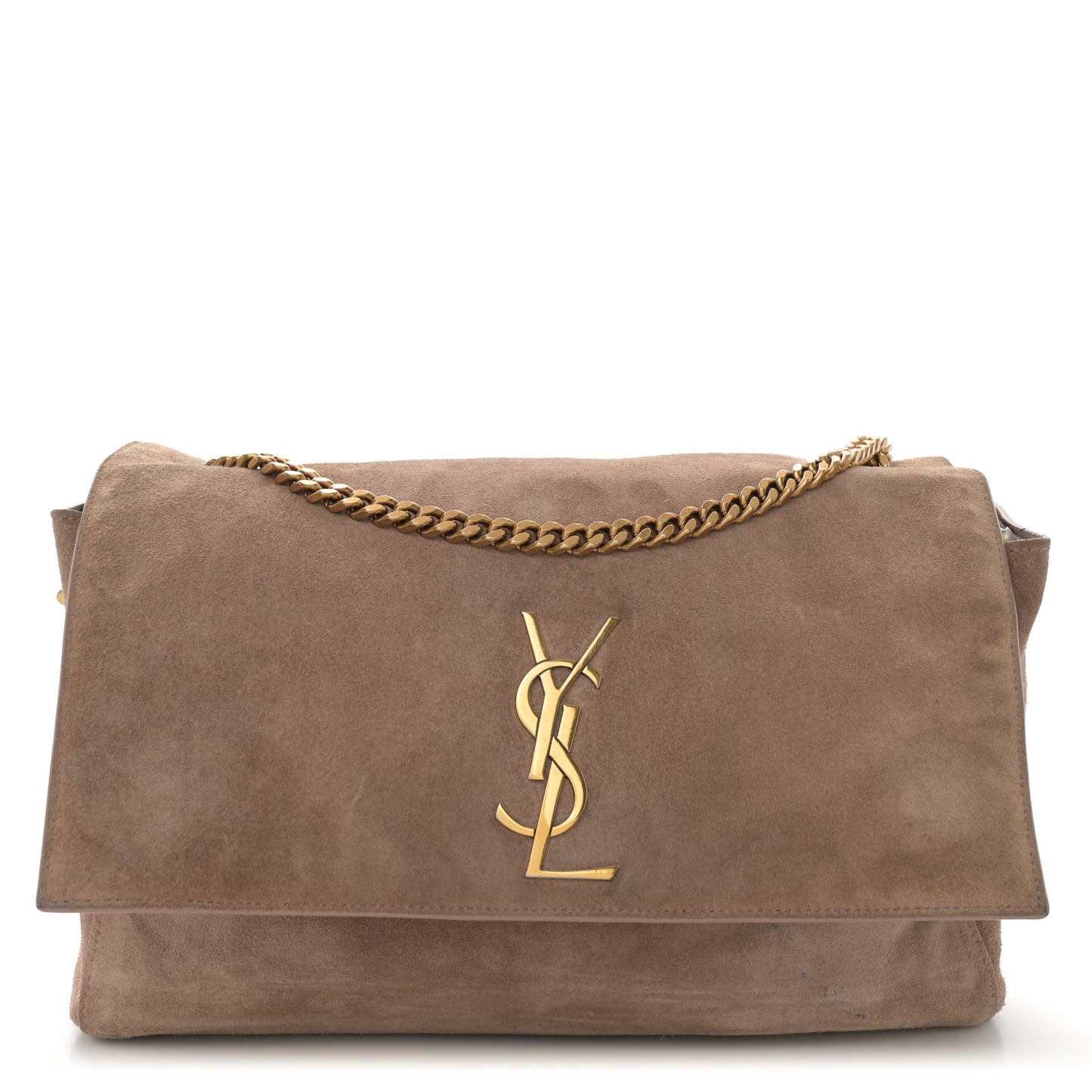 Smooth Calfskin Suede Medium Reversible Monogram Kate Satchel Taupe