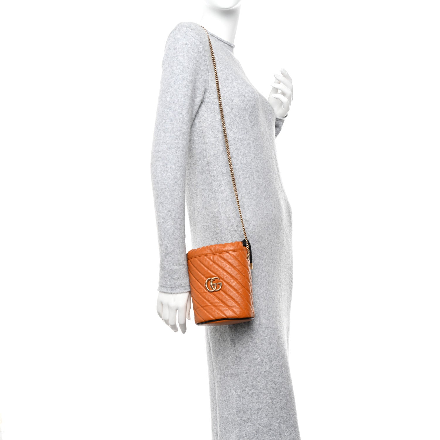Gucci Vintage Effect Calfskin Matelasse Diagonal Mini Torchon GG Marmont 2.0 Bucket Bag Cognac 2 of 11