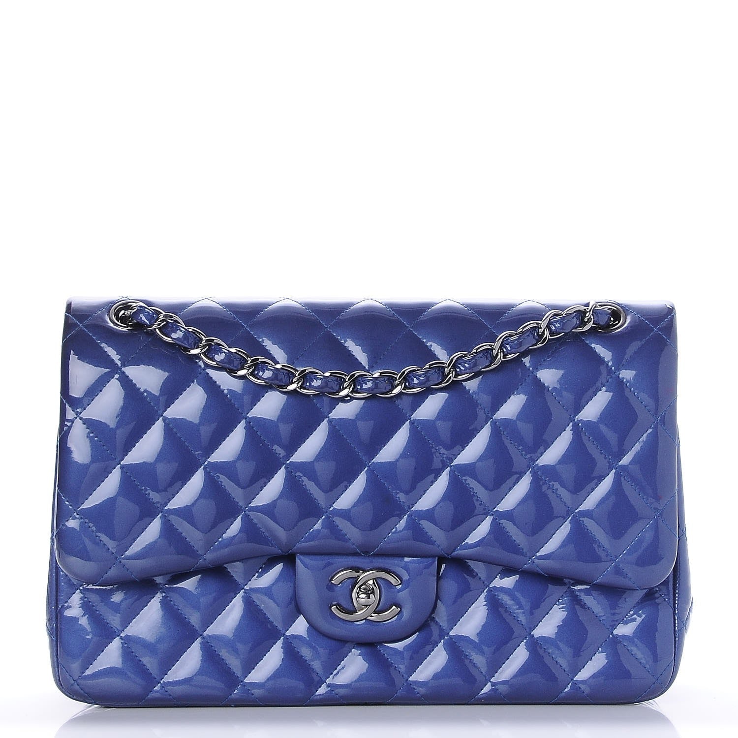 Chanel Patent Quilted Jumbo Double Flap Blue 1 of 9