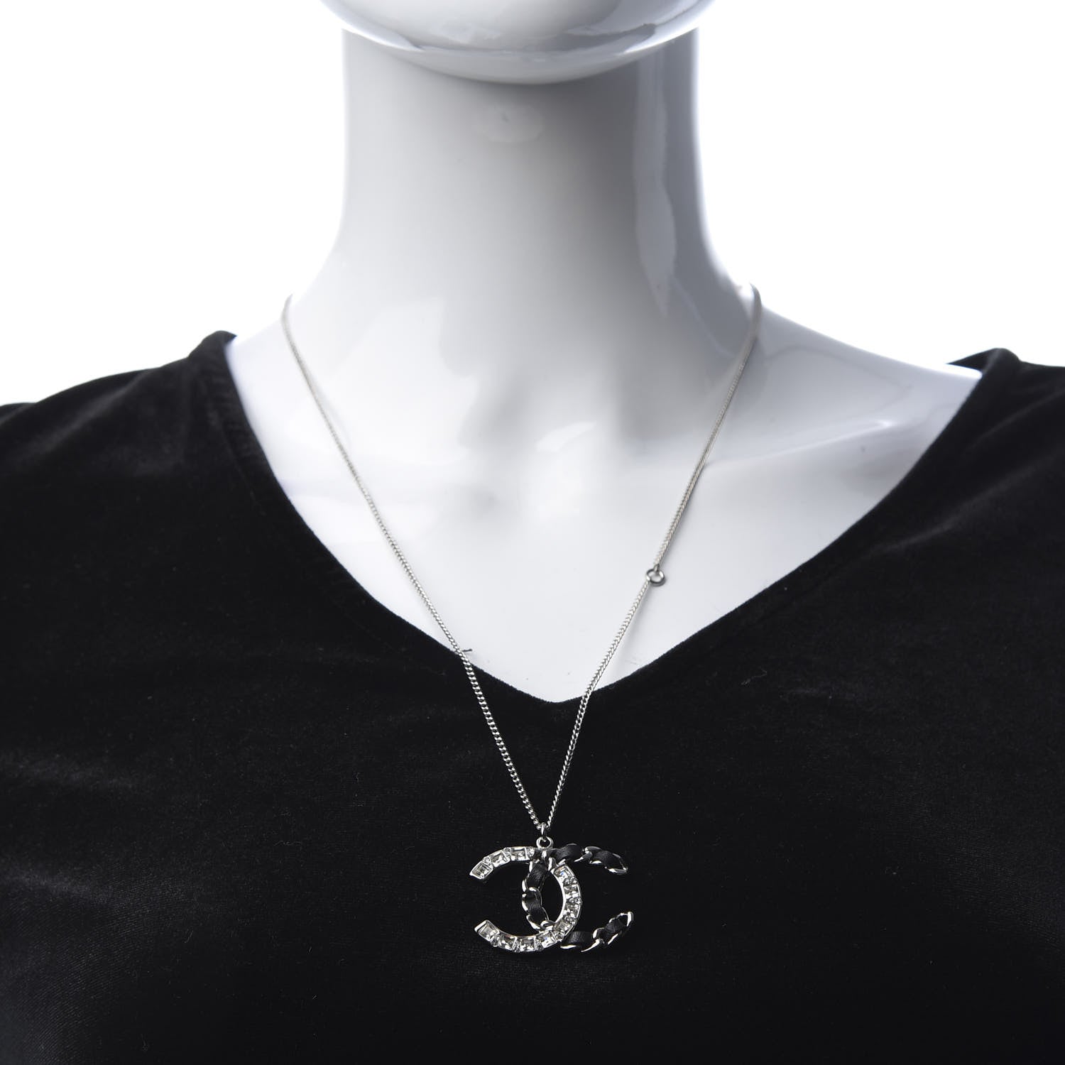 Chanel Lambskin Baguette Crystal CC Necklace Black Silver 2 of 5
