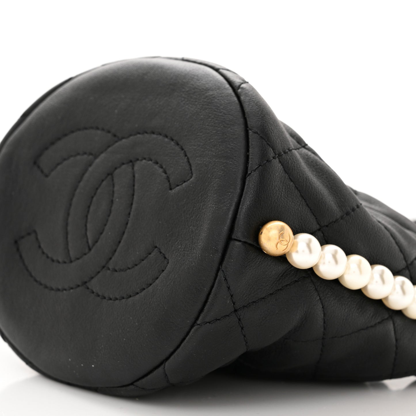 Calfskin Quilted Pearl Mini About Pearls Drawstring Bucket Bag Black