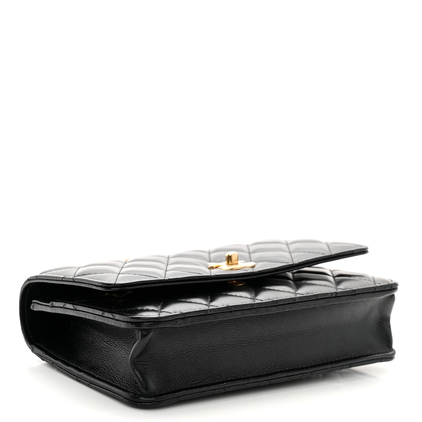 Shiny Calfskin Quilted Metal Top Handle Wallet On Chain WOC Black