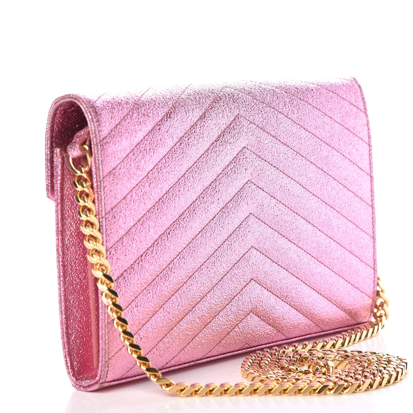 Metallic Crackled Calfskin Matelasse Chevron Monogram Chain Wallet Light Pink