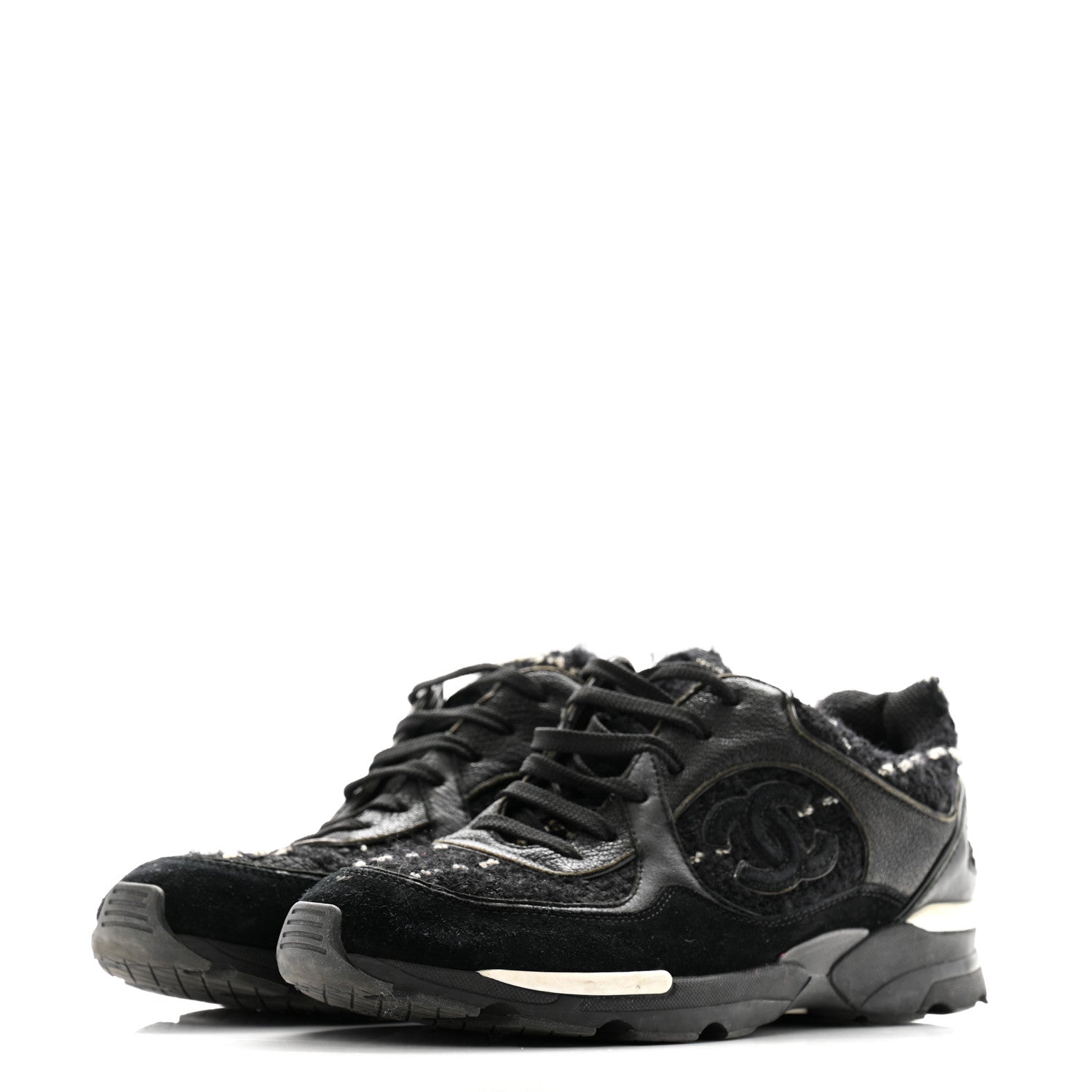 Chanel Tweed Suede Goatskin CC Sneakers 38 Black White 4 of 11