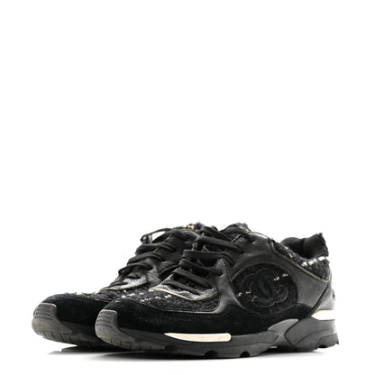 Chanel Tweed Suede Goatskin CC Sneakers 38 Black White 4 of 11
