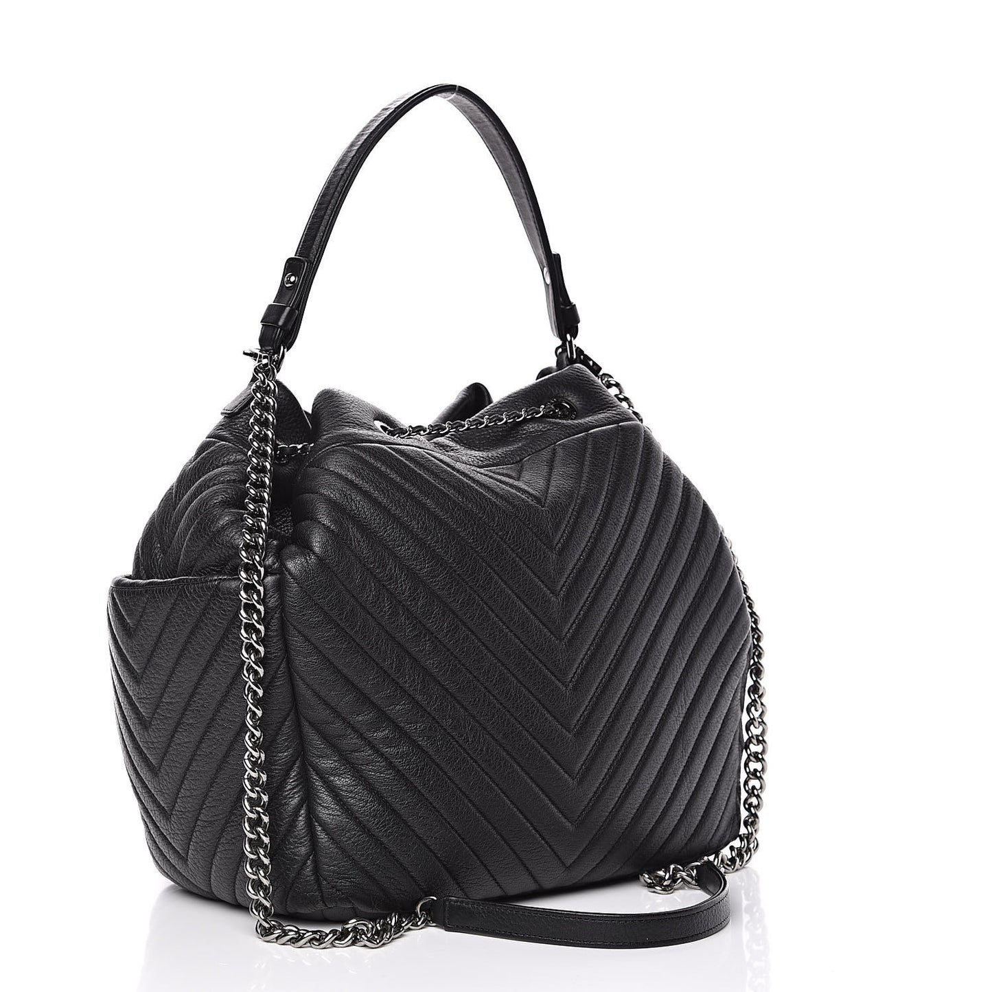 Deerskin Chevron Large CC Chain Bucket Drawstring Bag Black